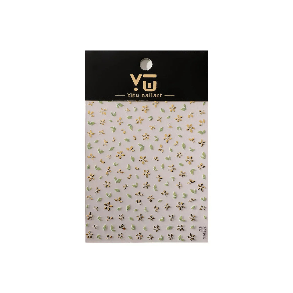 Five-Petal Flower Nail Stickers with Green Leaf and Gold-Tone Details, 3D Adhesive Blossom Decals for Spring Nail Art and Creative DIY Manicures