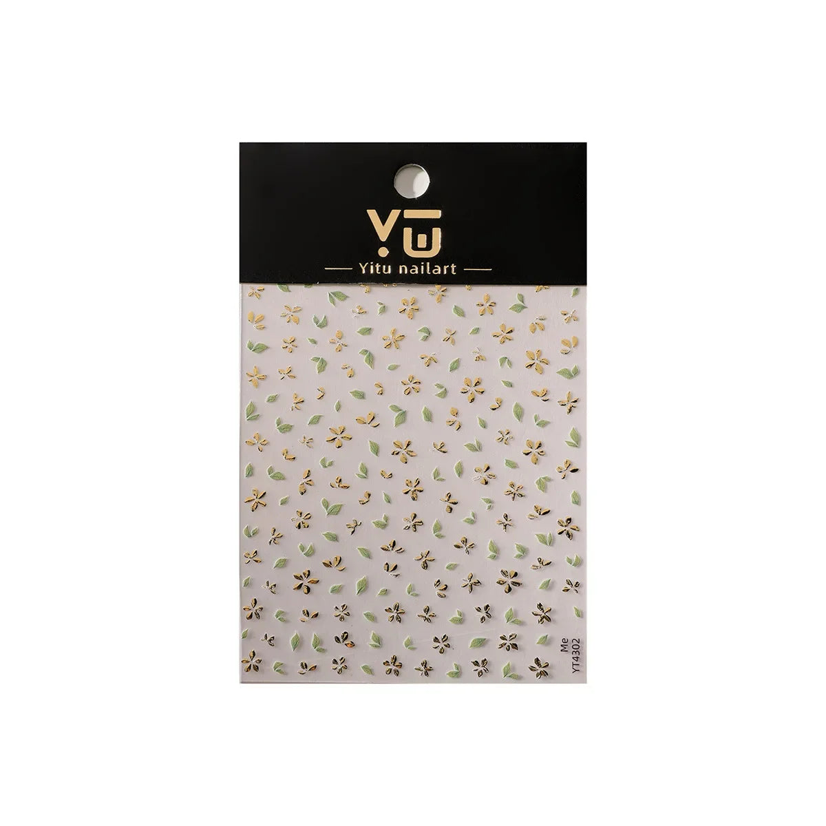 Five-Petal Flower Nail Stickers with Green Leaf and Gold-Tone Details, 3D Adhesive Blossom Decals for Spring Nail Art and Creative DIY Manicures