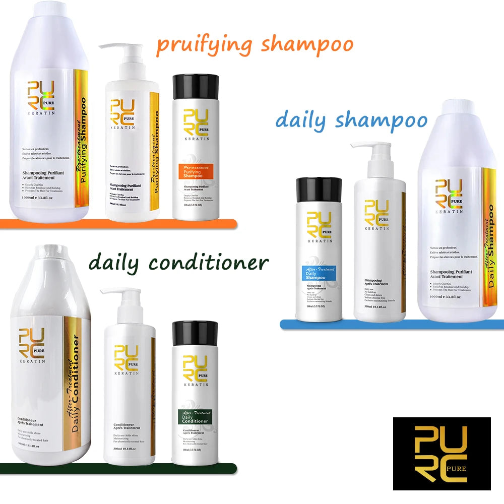 Purifying Shampoo and Daily Conditioner Options by PURC, 100ml 300ml or 1000ml Hair Care Selections for Cleansing, Conditioning and Keratin Routine Support