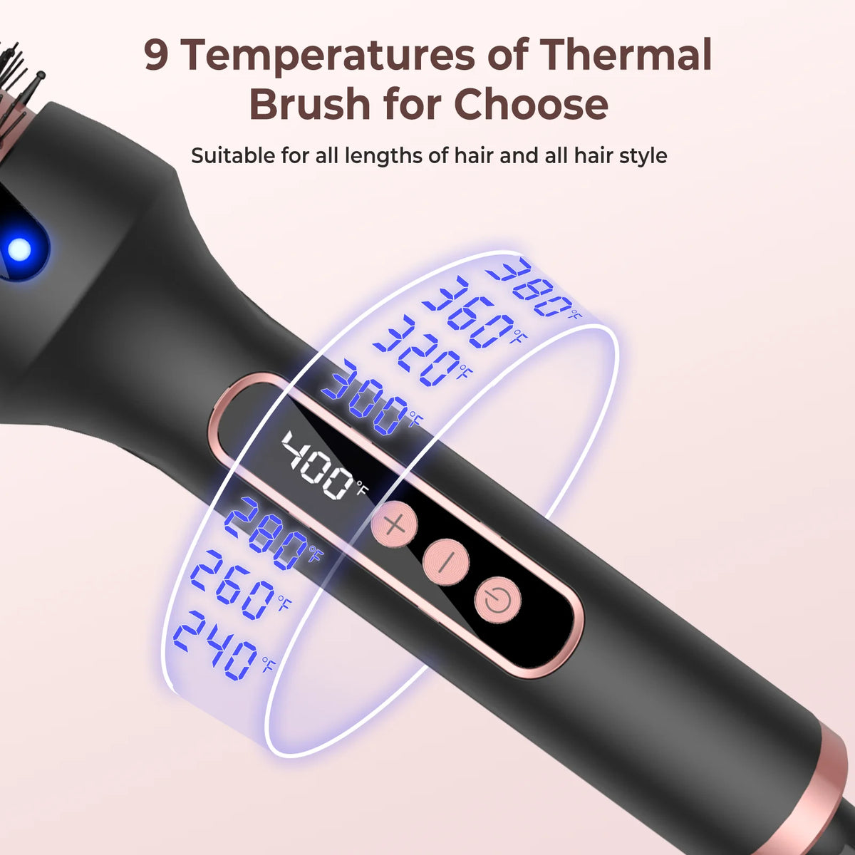 Ionic Heated Styling Brush with 38mm Barrel, Listed Dual PTC Heating, Nine Heat Settings and 60-Minute Auto-Off for Curling and Straightening, US Plug Option