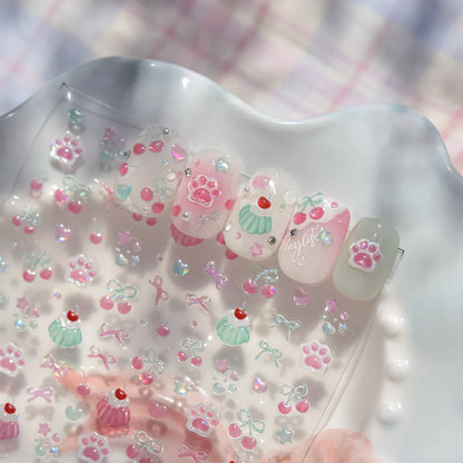 Jelly Nail Art Stickers with Cat Claw, Cherry and Bow Themes, Shiny 5D Self-Adhesive Nail Decals in TO5082 or TO5083 Styles for DIY Manicures
