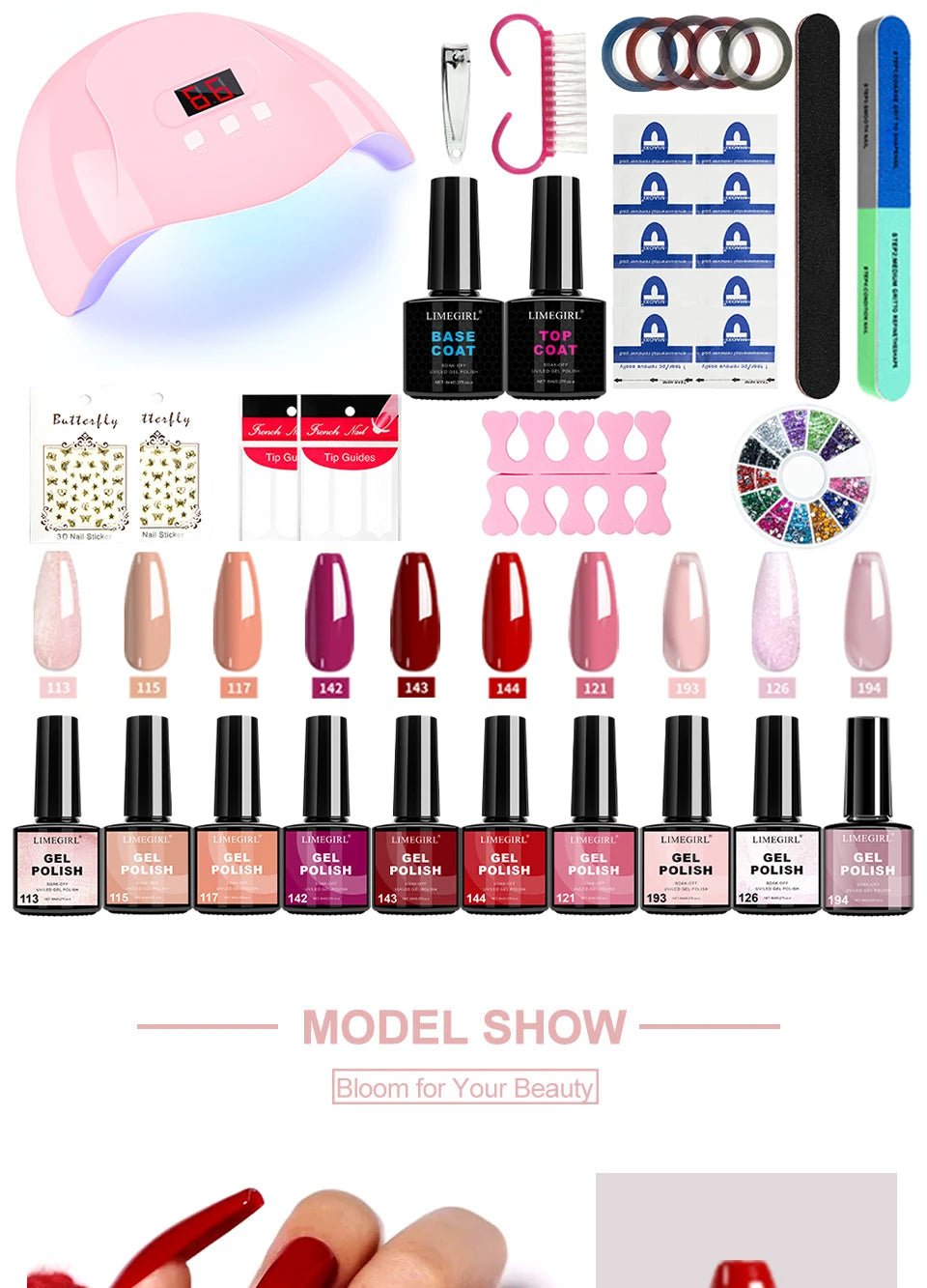 USB UV Lamp Gel Polish Kit by LIMEGIRL, 8ml Semi-Permanent Soak-Off Nail Polish with Listed Base and Top Coat for DIY Manicure and Nail Art