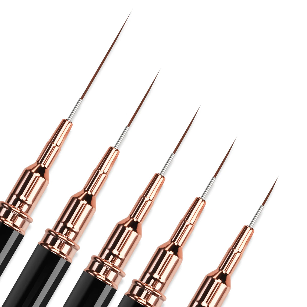 Fine-Line Nail Art Brush Set, 5 Nylon Striping Brushes in 7, 9, 11, 15 and 25mm Sizes for Gel Painting, Floral Designs and DIY Manicure
