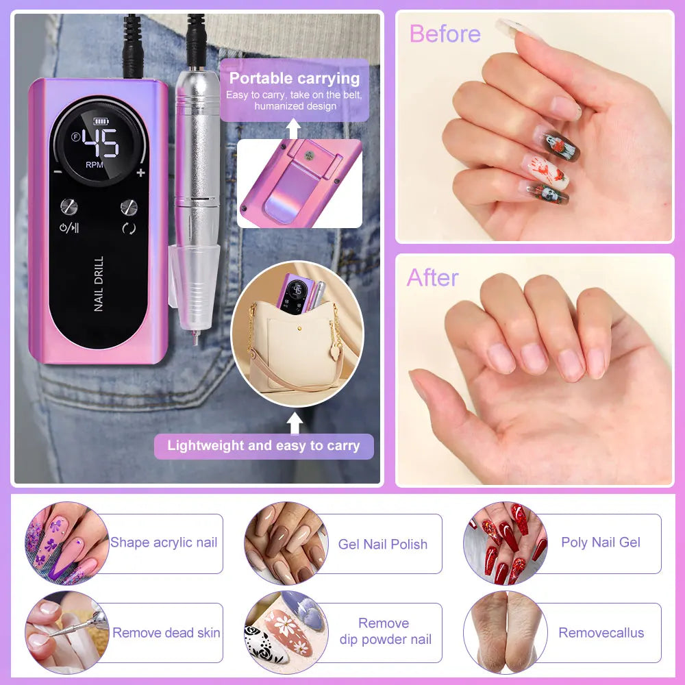 Portable Nail Drill V2 with Listed 45,000 RPM Adjustable Speed, 1800mAh Rechargeable Battery, LCD Display and Six Bits for Acrylic and Gel Manicures