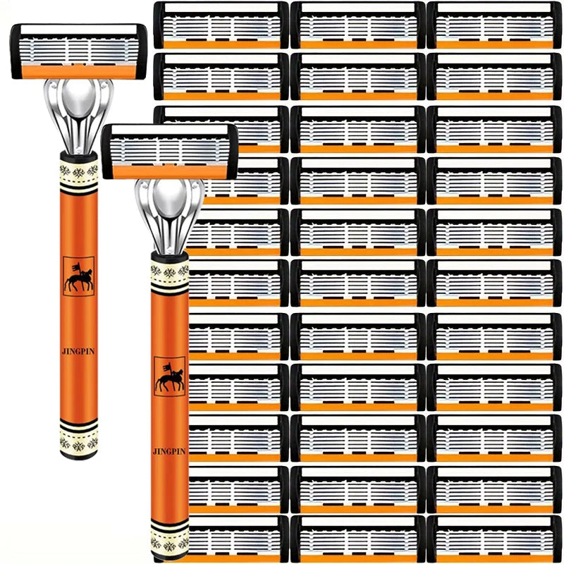 Men's Replaceable Head Razor Set with One Handle and 3 to 24 Blade Pack Options, Listed Six-Layer Stainless Steel Shaving Design for Everyday Grooming