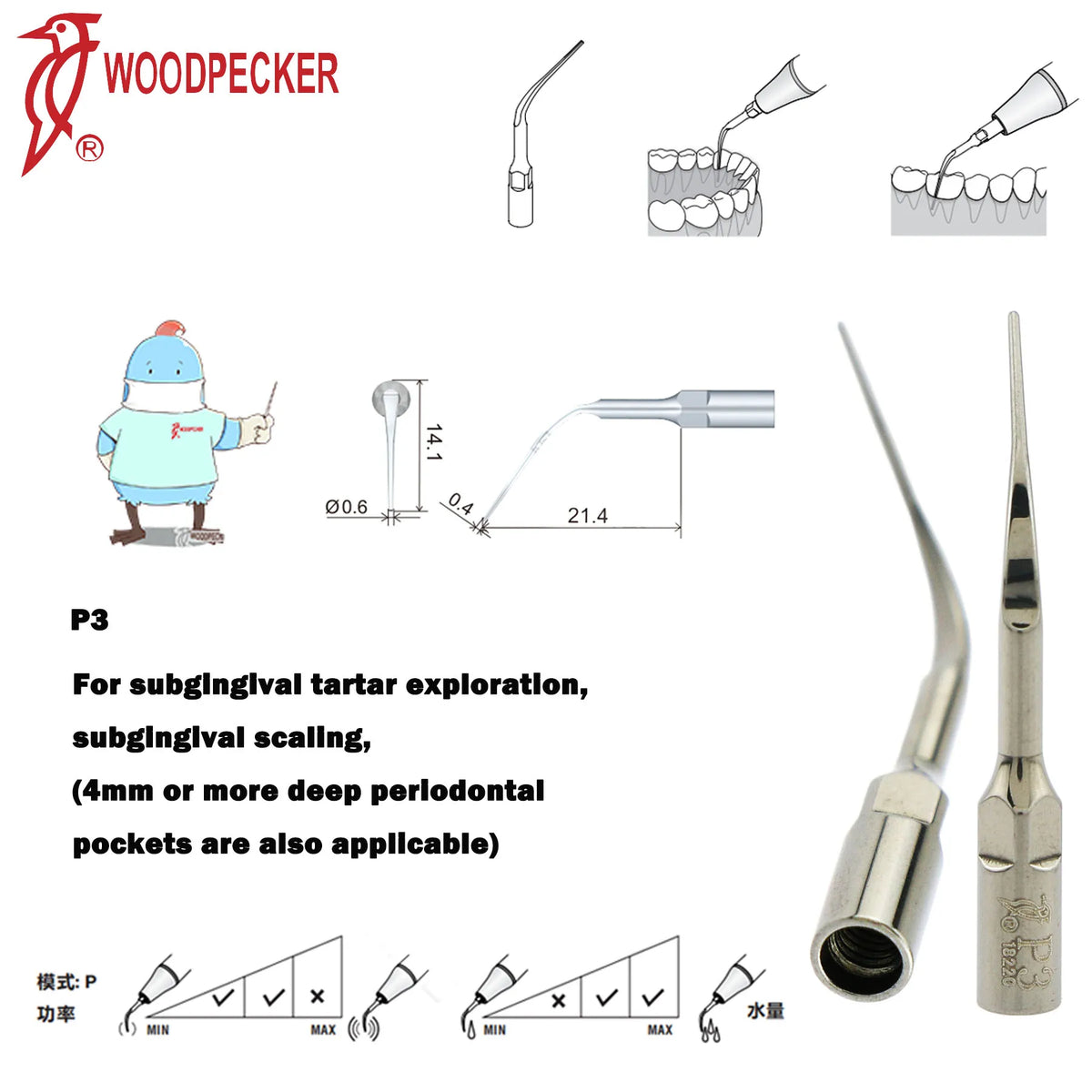 Ultrasonic Scaler Handpiece and Tip Options by Woodpecker, HW-5L LED Handpiece or P, E and G Series Tips for Compatible Dental Equipment