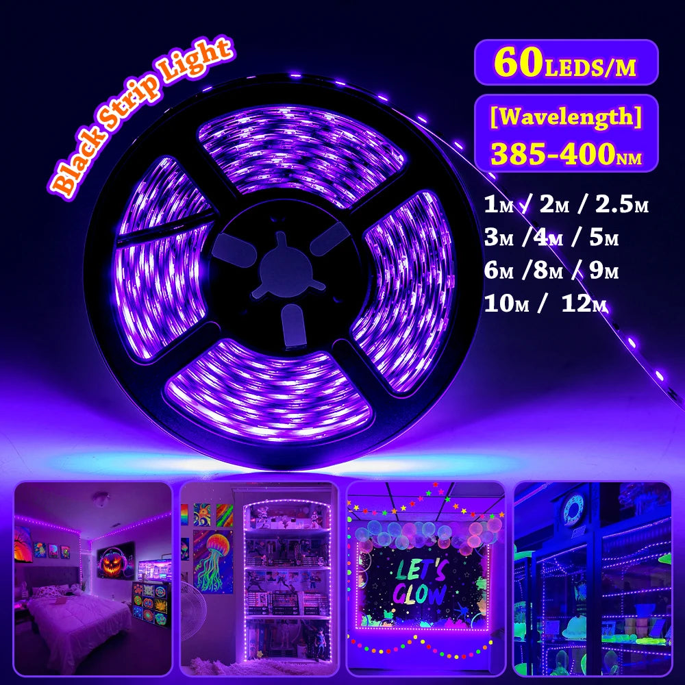 Blacklight LED Strip with 5V USB Power and Listed 60 LEDs per Meter, Eleven Length Options for Fluorescent Posters, Party Decorations and Indoor Glow Displays