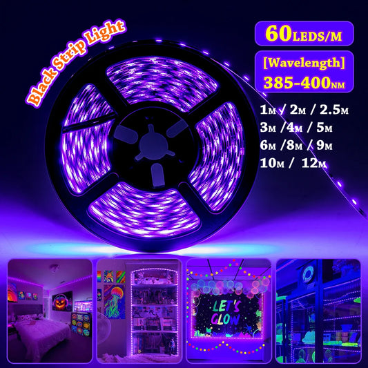 Blacklight LED Strip with 5V USB Power and Listed 60 LEDs per Meter, Eleven Length Options for Fluorescent Posters, Party Decorations and Indoor Glow Displays