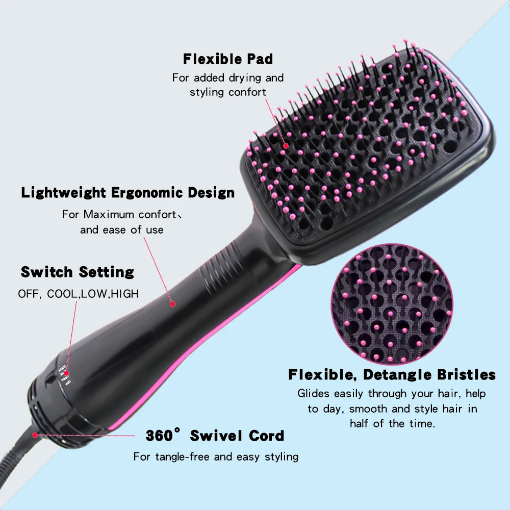 Hot Air Styling Comb, Black Ionic Hair Dryer Brush for At-Home Drying, Straightening and Curling with US 110V and Regional Plug Options