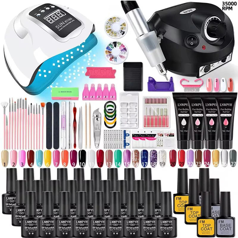 Gel Nail Polish Kit with UV LED Lamp and Electric Nail Drill, 27 Polish Colors and 4 Extension Gel Colors for At-Home Manicure and Nail Art