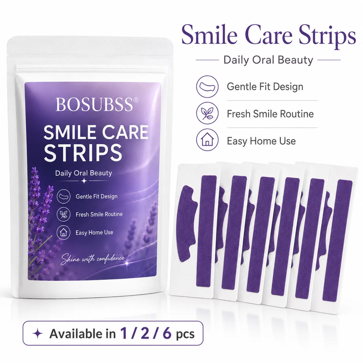 Purple Teeth Whitening Strips with Dry Sticker Format, Portable Oral Care Patches for Home and Travel in 1pcs, 2pcs or 6pcs Labeled Package Options
