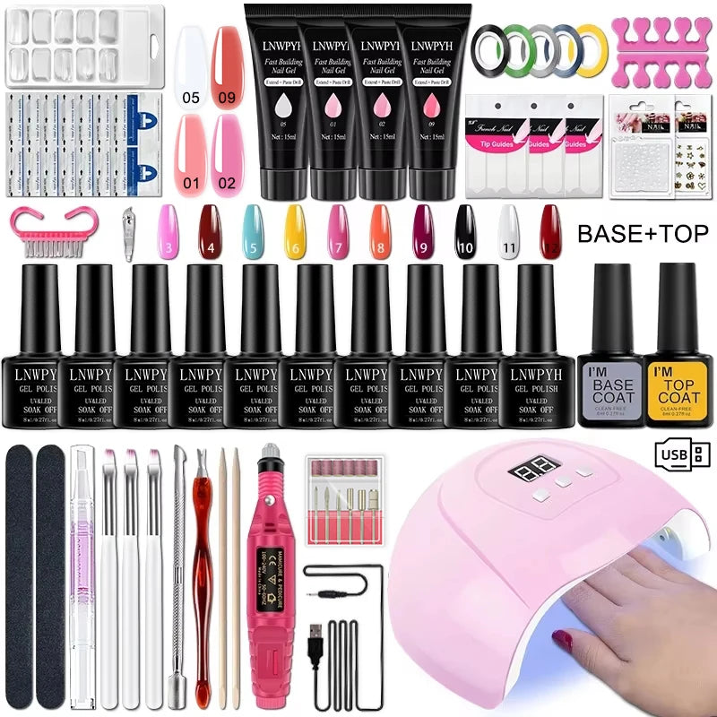 LNWPYH Gel Nail Polish Kit with Listed 10 Polish Colors, Four Extension Gel Colors, Base and Top Coats, UV LED Lamp and Electric Drill Reference for Adult Manicures