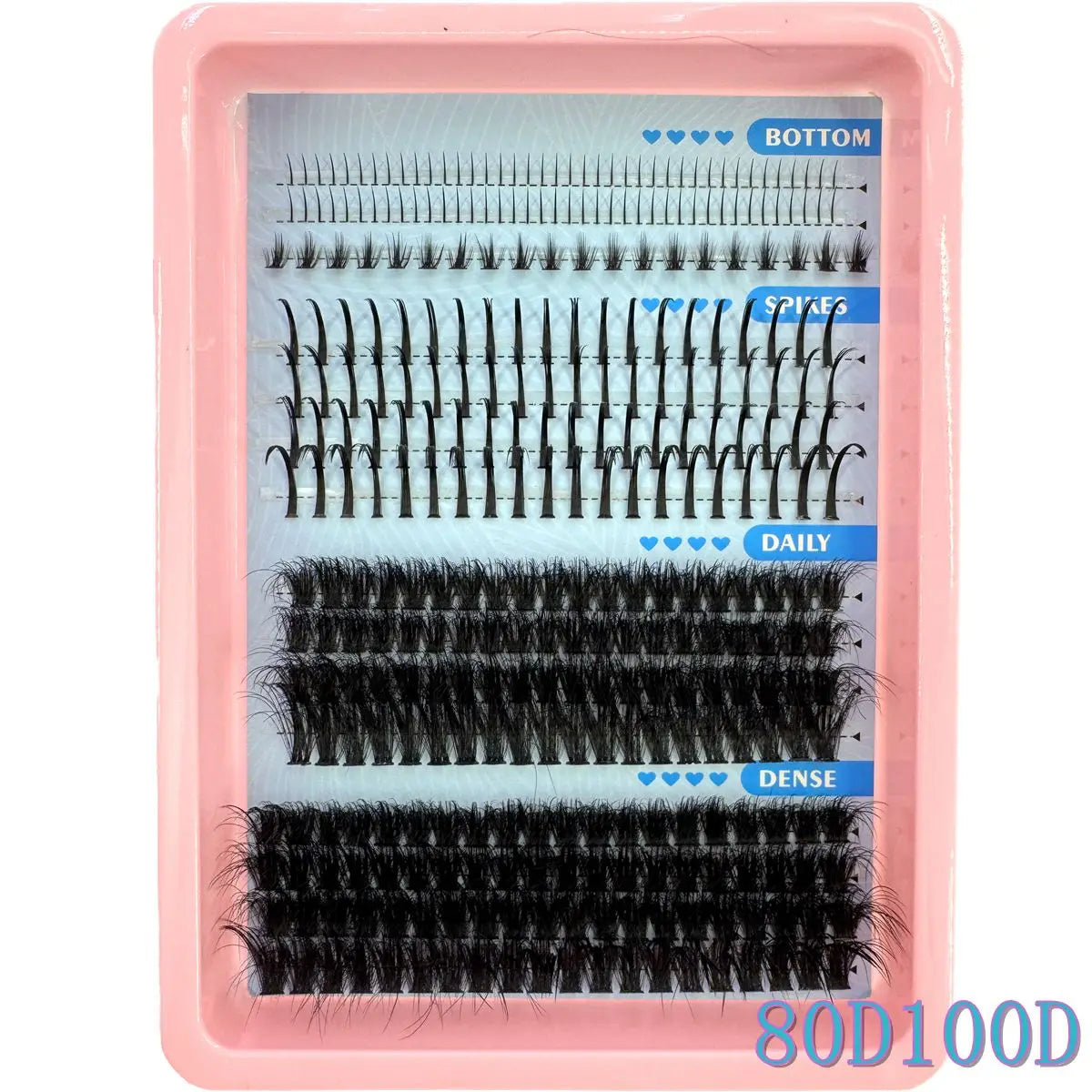 Spiky Manga Lash Clusters with Bottom Lash References, Individual False Eyelashes in 15-Row and 16-Row Style Selections with D or dd Curl and MIX Length Labels