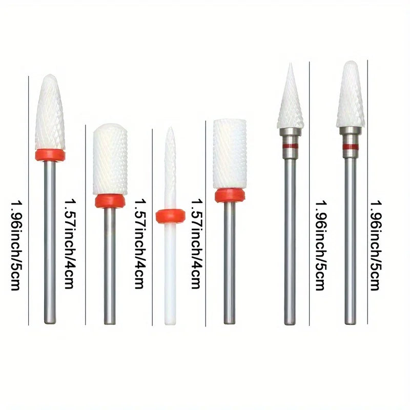 Ceramic Nail Drill Bits Set, 6-Piece Milling Cutter Accessories with Flame and Corn Shape References for Electric Manicure and Pedicure Tools
