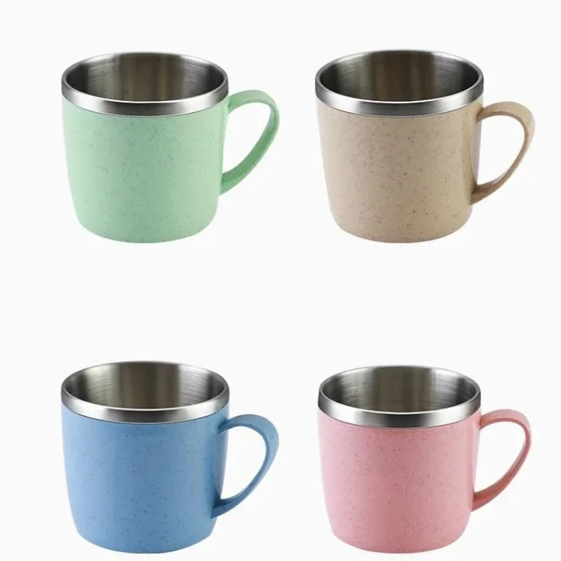 220ml Stainless Steel Mug with Plastic Handle and Double-Layer Design, Single Coffee, Tea and Milk Cup in Blue, Green, Pink or Beige for Home and Office