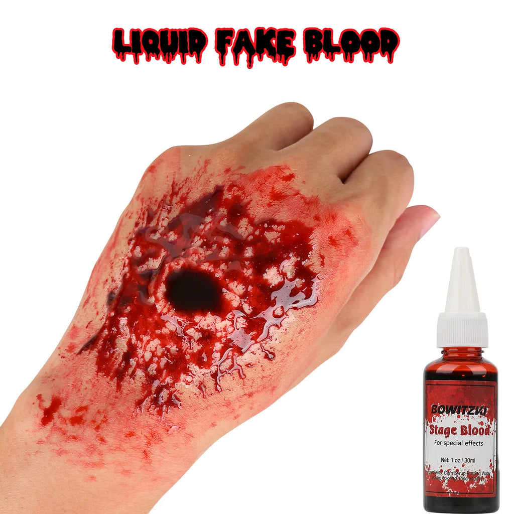 Halloween SFX Makeup Set by Bowitzki with Fake Blood, Scar Wax and Charred Ash Powder References for Simulated Costume Effects, Cosplay and Stage Looks