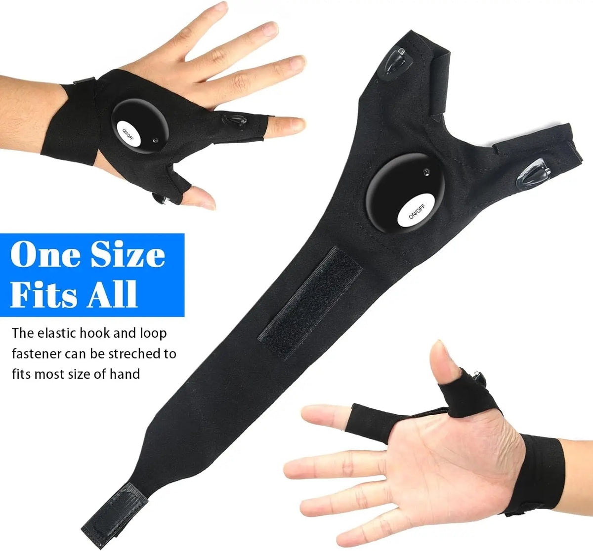 LED Flashlight Gloves with Adjustable Wrist Strap and Fingerless Design, Pair or Single Left and Right Hand Options for Adult Fishing, Camping and Repair Tasks