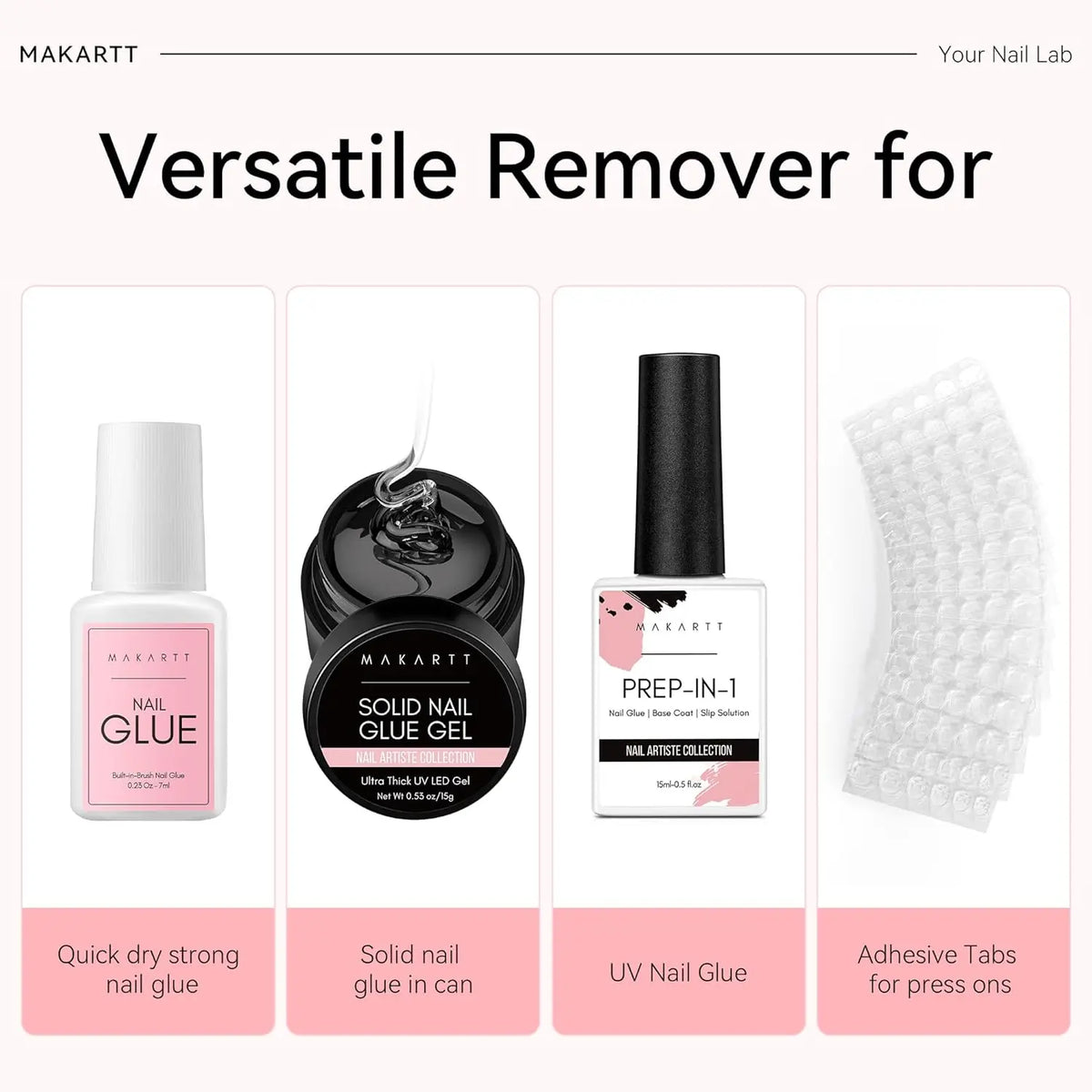Press-On Nail Glue and Remover Options by Makartt, 10ml, 30ml or 50ml Remover Choices with Separate Liquid Adhesive Packs and Solid UV-Cured Gel Selection