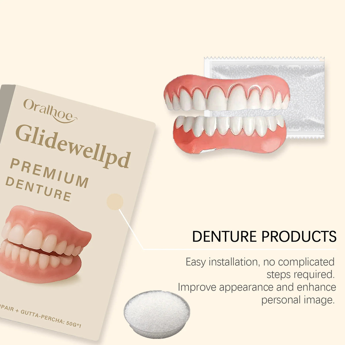 Temporary Cosmetic Teeth Covers with Listed Silicone Material, Boxed and Multi-Piece Options for Smile Appearance, Dental Fit Check Required
