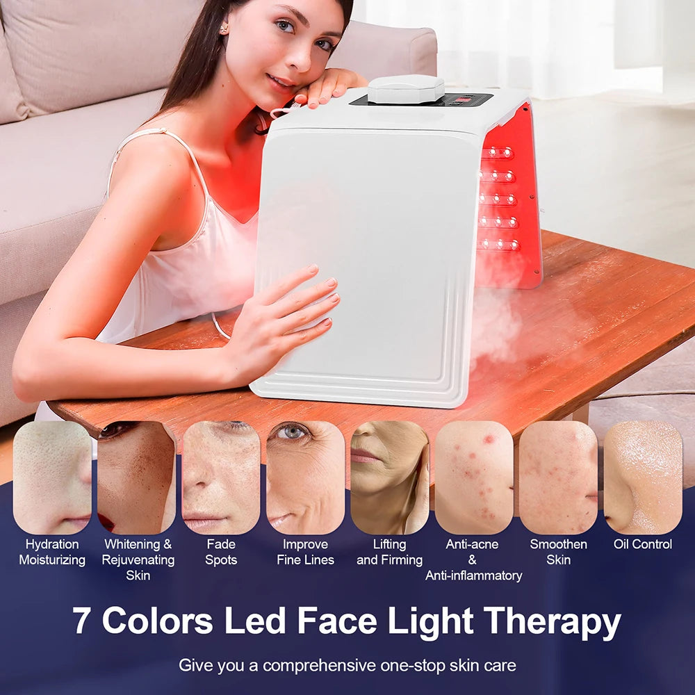 LED Facial Light Machine with Nano Spray, Seven Color Settings and 140 LEDs, 24W ABS Beauty Device with Adapter, Eye Protection and Four Plug Options