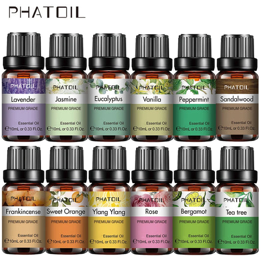 PHATOIL Diffuser Aroma Oil 10ml Single Amber Bottle with 31 Scent Options Including Lavender, Sweet Orange, Jasmine and Vanilla for Home Fragrance