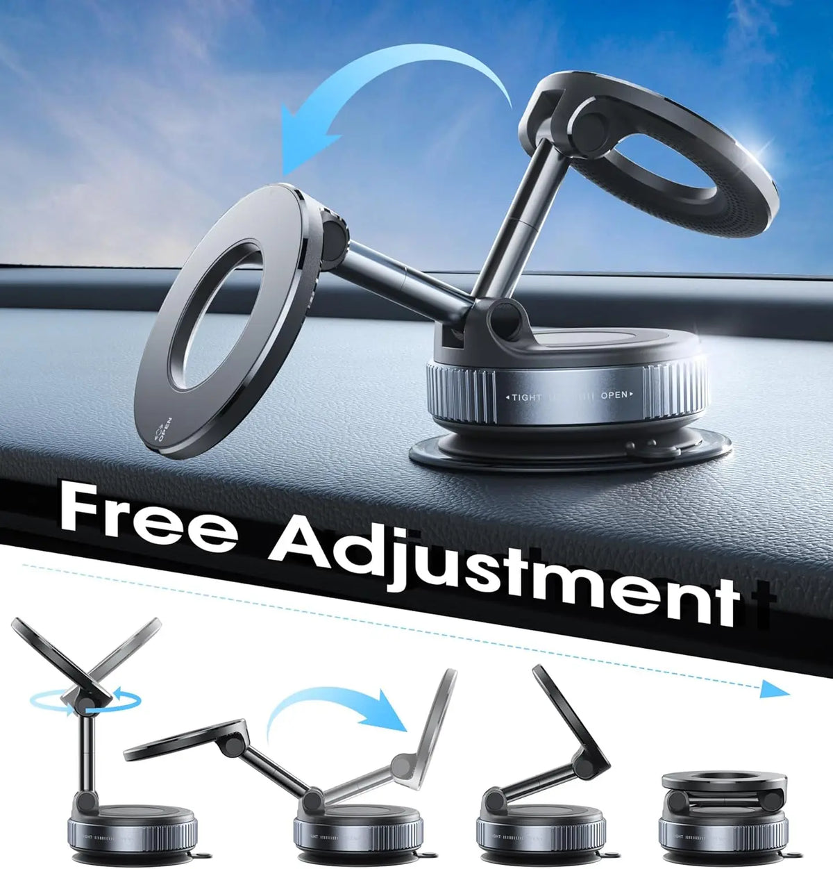 Folding Magnetic Phone Holder, 360° Rotating Vacuum Suction Mount in Black or White for Compatible Car Dashboards, Windshields and Desktop Phone Positioning