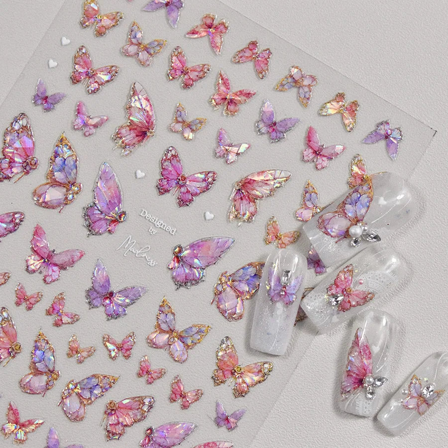 Butterfly 5D Nail Art Stickers, Kawaii Japanese-Inspired Glitter Shell Aurora Style Manicure Decals in Four Design Options for DIY Nail Decoration