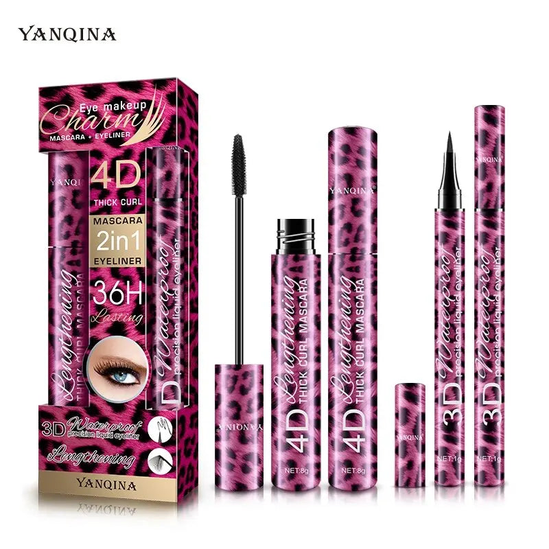 Eyeliner and Mascara Set by YANQINA with Eyebrow Pencil, Liquid Eye Liner and Volumizing Curl-Look Mascara for Everyday and Evening Makeup