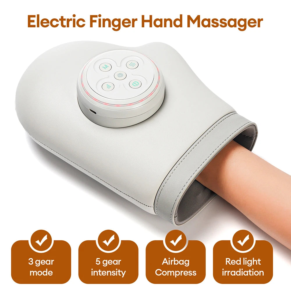 Electric Hand Massager in White with Air Compression, Three Listed Modes and Five Intensity Levels, 2000mAh Rechargeable Battery and 15-Minute Timer for Adult Relaxation