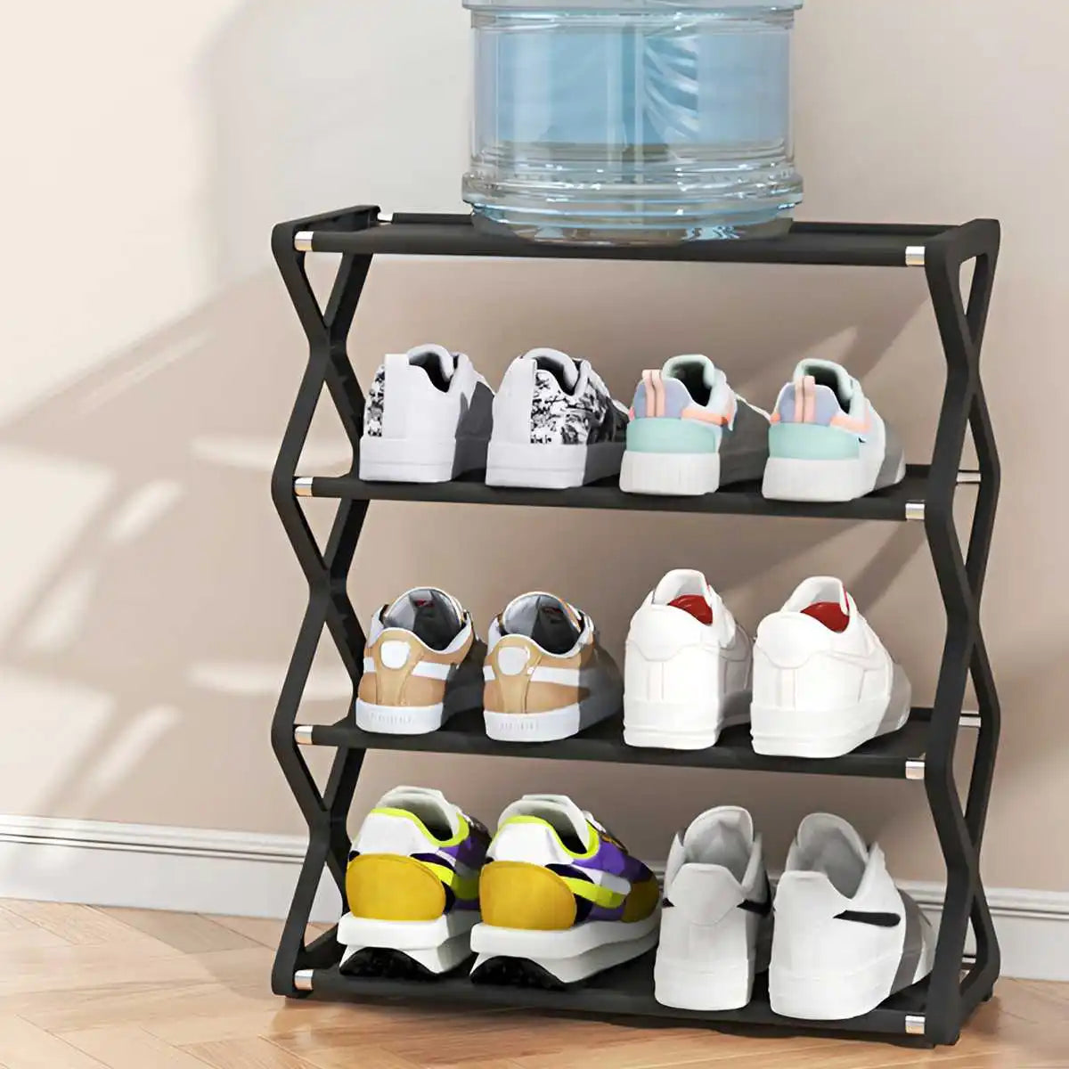 Four-Tier X-Frame Shoe Rack with Steel Tubes and Cloth Shelves, Compact Tool-Free Footwear Organizer for Entryways, Dorm Rooms and Bedroom Storage