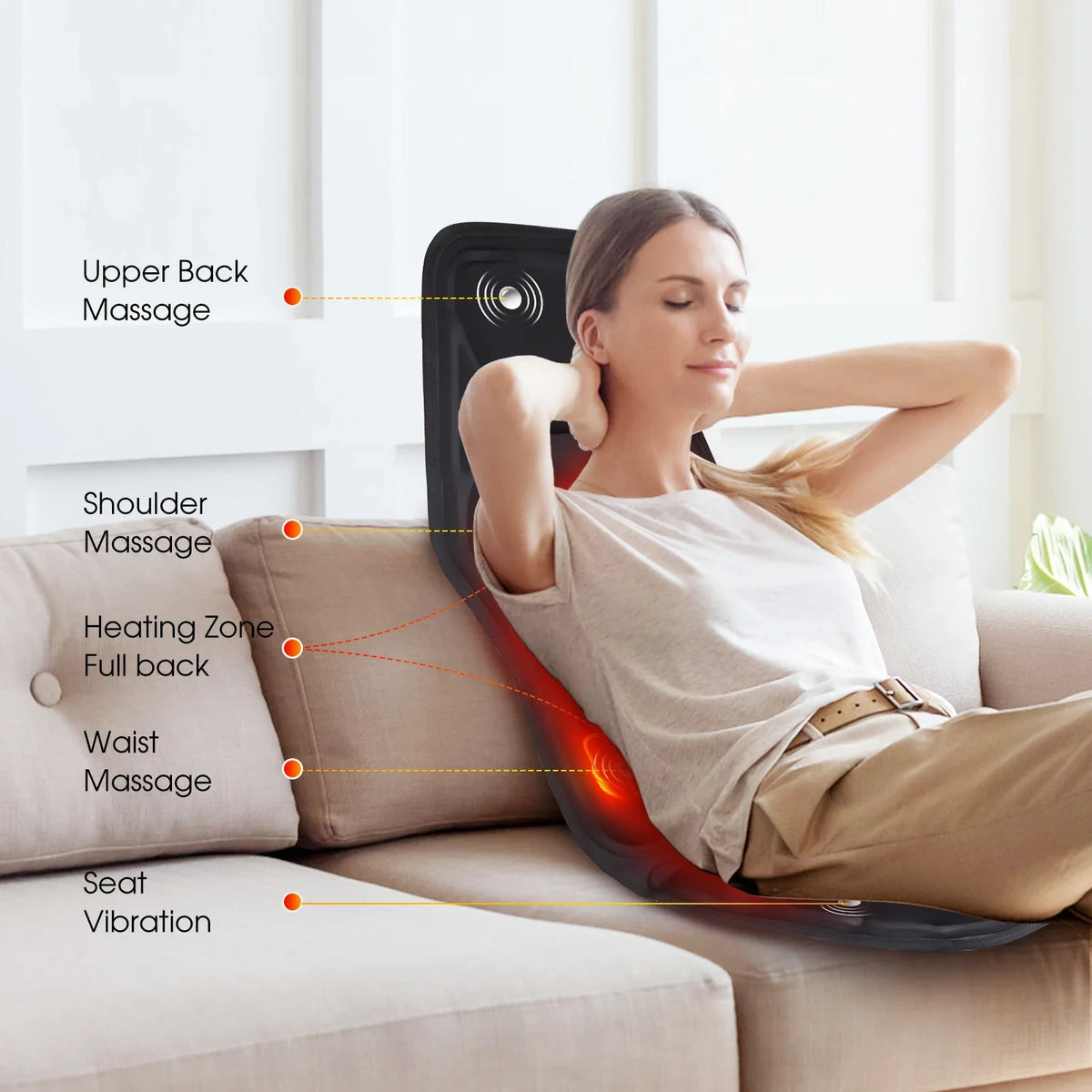 Heated Vibration Seat Massager Type B with Seven Listed Motors, Eight Modes, Three Intensity Levels and 15 or 30 Minute Timers for Home Office Relaxation