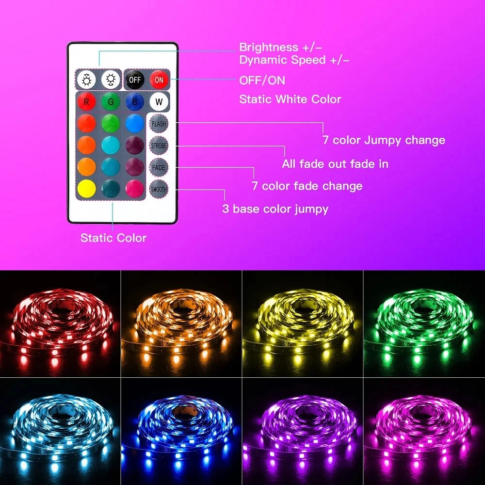 5V USB RGB LED Strip Lights with App Control and Timer, Listed Bluetooth and 24-Key Remote, Nine Length Options from 1m to 30m for Indoor Home Decoration