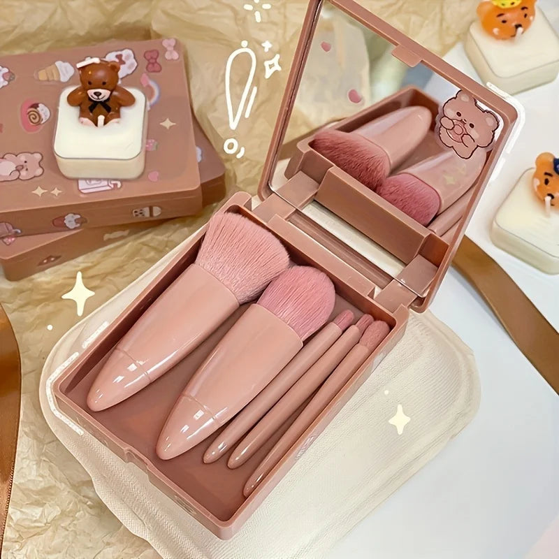 Mini Makeup Brush Set with Mirror and Foldable Travel Design, Listed Five-Piece Beauty Kit in Coffee Pink, Pink or Green for Everyday Touch-Ups