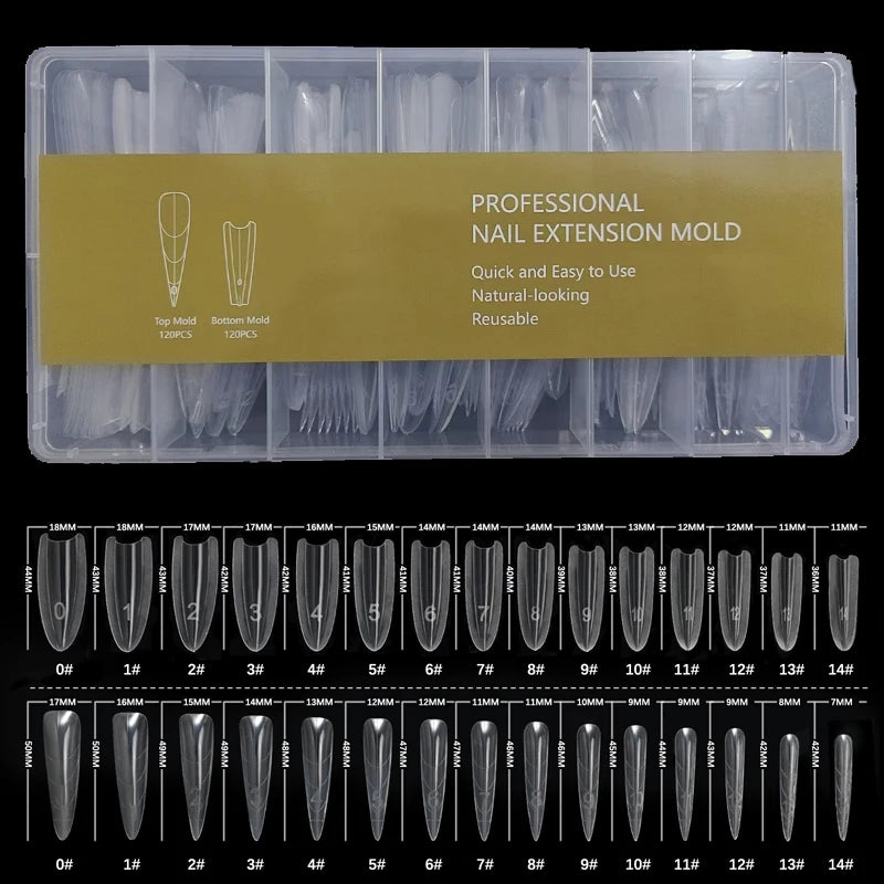 Reusable Sandwich Dual Nail Forms, Listed 240-Piece and 15-Size Top and Bottom Extension Molds with Long Point, Beagle T and Ellipse Options