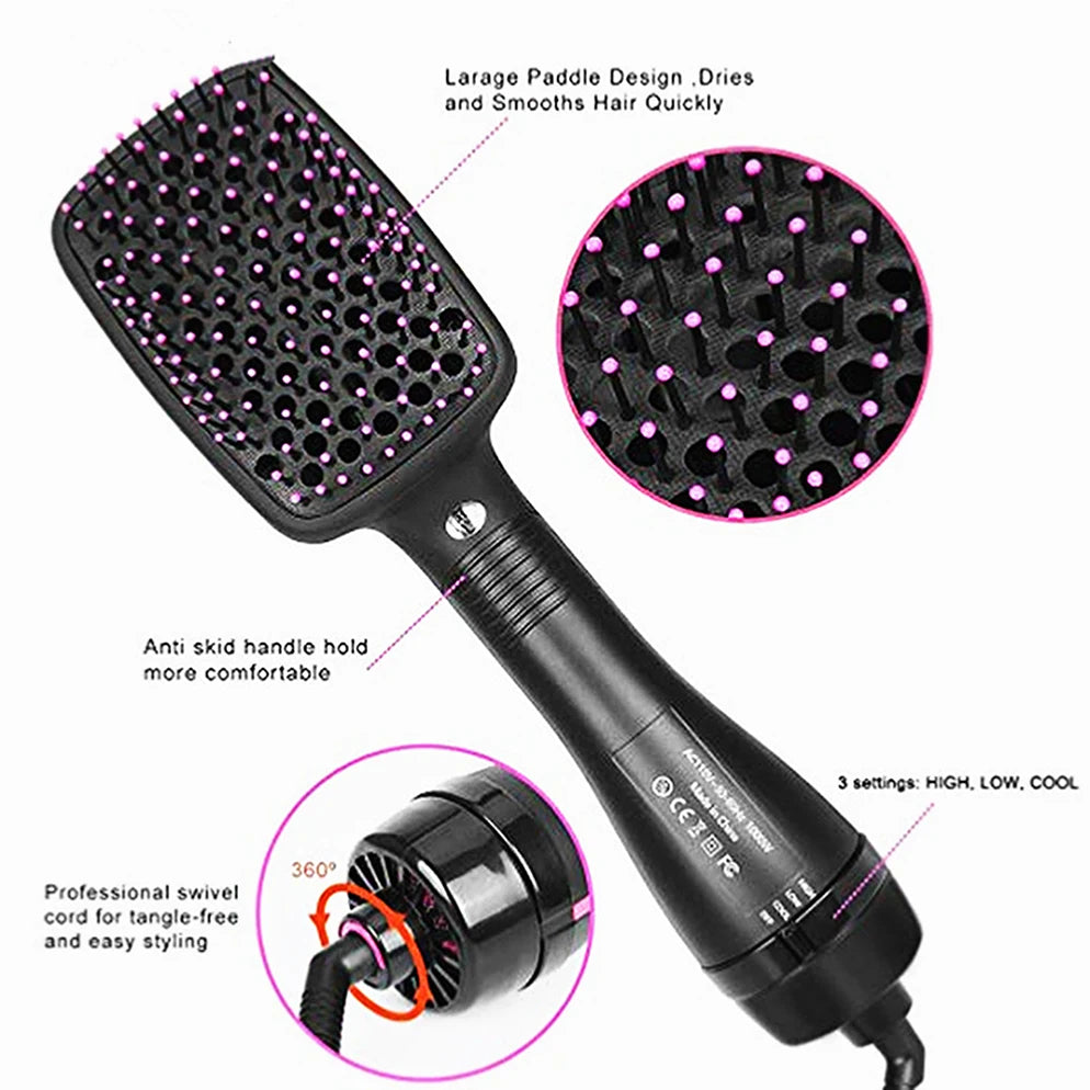 Hot Air Styling Comb, Black Ionic Hair Dryer Brush for At-Home Drying, Straightening and Curling with US 110V and Regional Plug Options