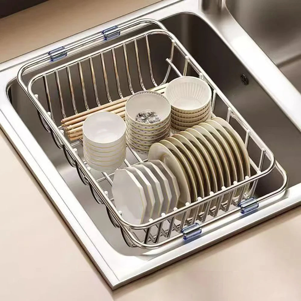 Telescopic Sink Drain Basket, Stainless Steel Expandable Dish Drying Rack with Medium or Large Size Options for Kitchen Cups, Plates and Produce Rinsing