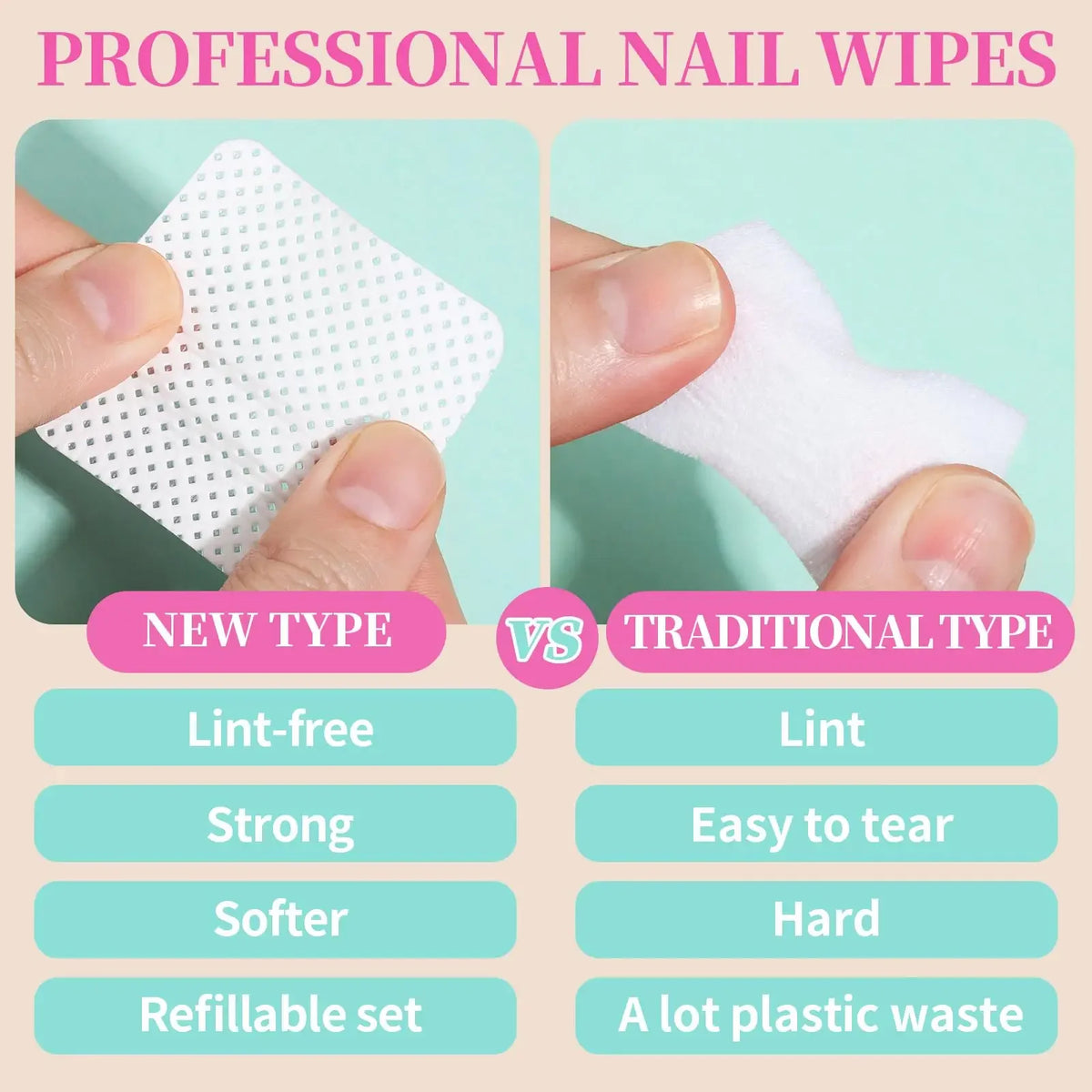 Boxed Nail Cleansing Wipes with Approximately 200 Three-Layer Nonwoven Pads, Heart or Square Shapes in Pink or White for Home and Salon Manicure Prep
