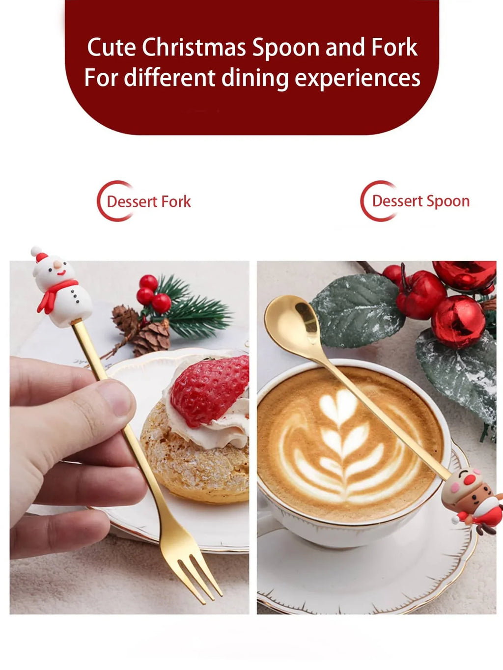 Christmas Spoons and Forks Set in Stainless Steel with 2, 4 or 6-Piece Spoon-Only and Mixed Options for Festive Coffee, Tea, Dessert Tables and Holiday Gifts
