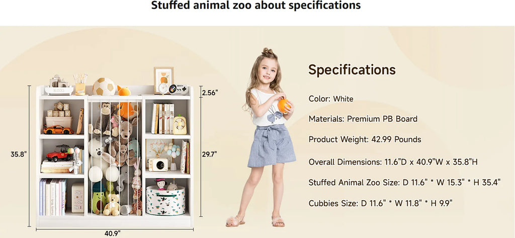 Toy Storage Shelf with Six Cubes and Rounded Corners, Light Yellow or Ivory Stuffed Animal Organizer for Playroom Cleanup and Bedroom Storage
