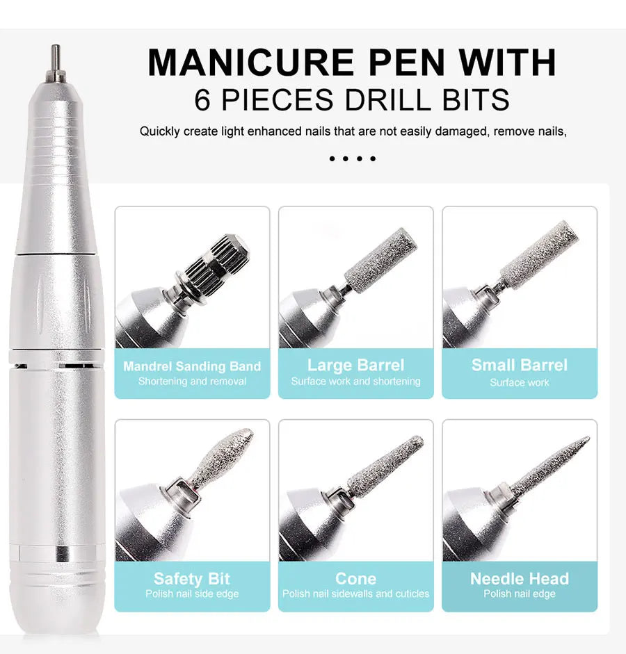 Portable Nail Drill V2 with Listed 45,000 RPM Adjustable Speed, 1800mAh Rechargeable Battery, LCD Display and Six Bits for Acrylic and Gel Manicures