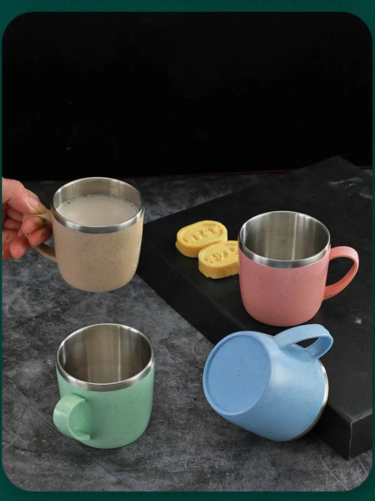 220ml Stainless Steel Mug with Plastic Handle and Double-Layer Design, Single Coffee, Tea and Milk Cup in Blue, Green, Pink or Beige for Home and Office