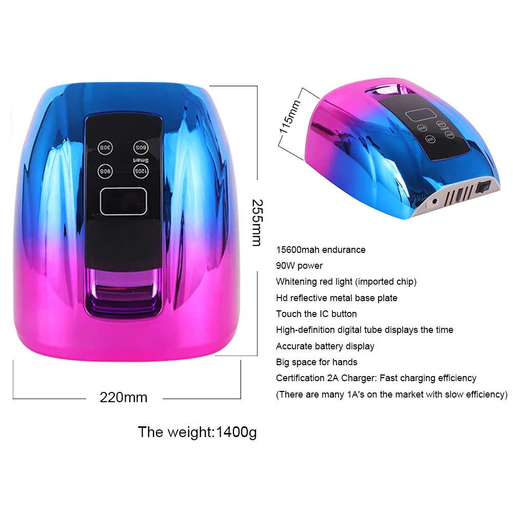 Cordless UV LED Nail Lamp with Mirror Bottom, 45 LEDs and Four Timer Settings, Rechargeable Manicure Light in Gold, Black or White with Plug Options
