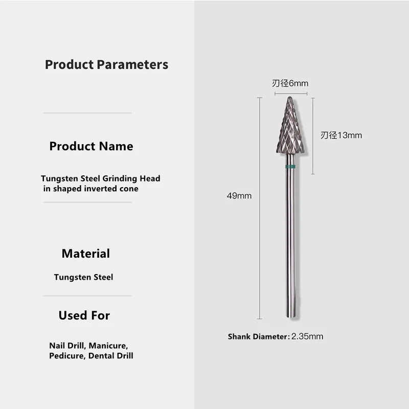 Inverted Cone Nail Drill Bit in Tungsten Steel, Single Grinding Head with 2.35mm Shank and 8mm, 10mm or WA-01-C Options for Manicure Tools