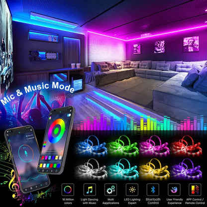 SMD 5050 RGB Bluetooth Light Strip with 5V USB Power, App-Only or 24-Key and 44-Key Remote Options in Six Lengths for Dry Indoor TV and Room Accent Decor