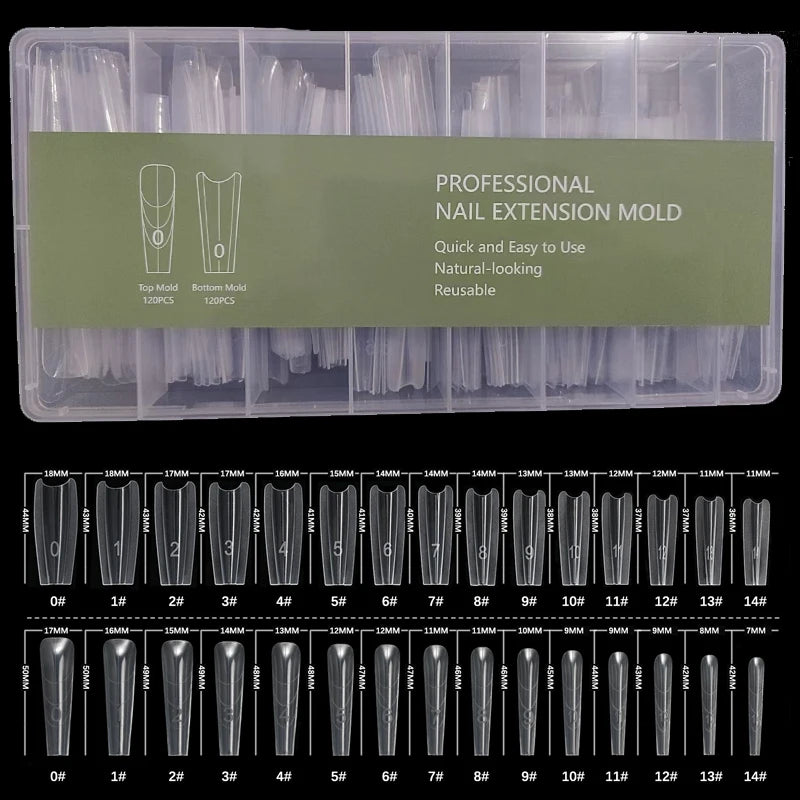 Reusable Sandwich Dual Nail Forms, Listed 240-Piece and 15-Size Top and Bottom Extension Molds with Long Point, Beagle T and Ellipse Options