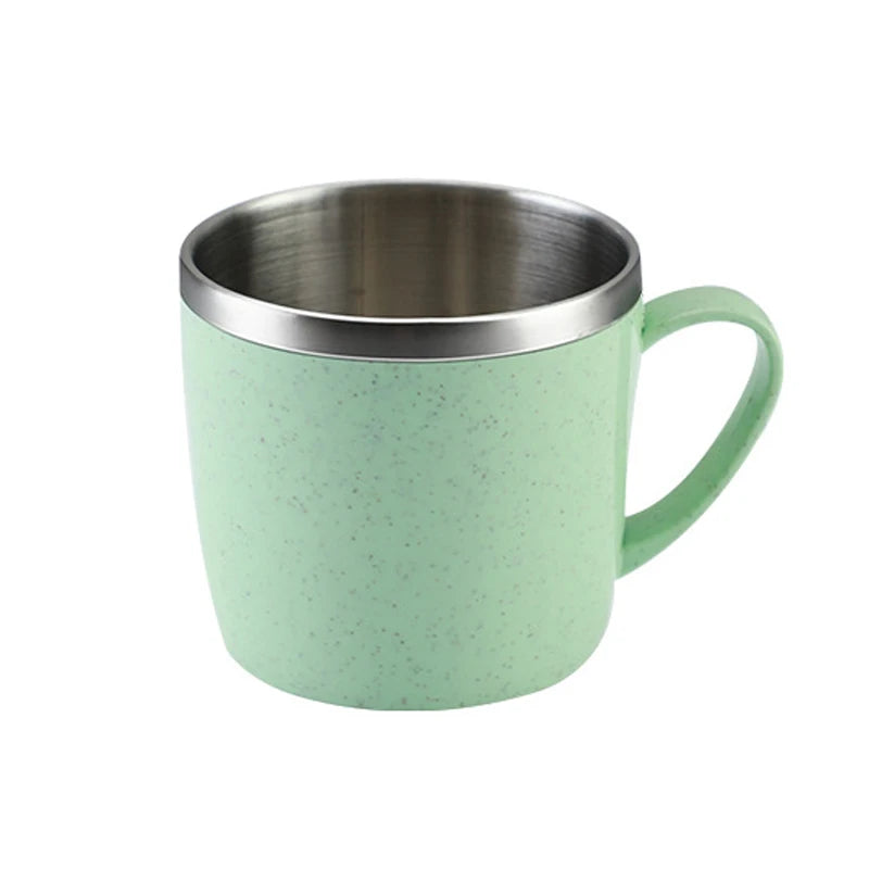 220ml Stainless Steel Mug with Plastic Handle and Double-Layer Design, Single Coffee, Tea and Milk Cup in Blue, Green, Pink or Beige for Home and Office