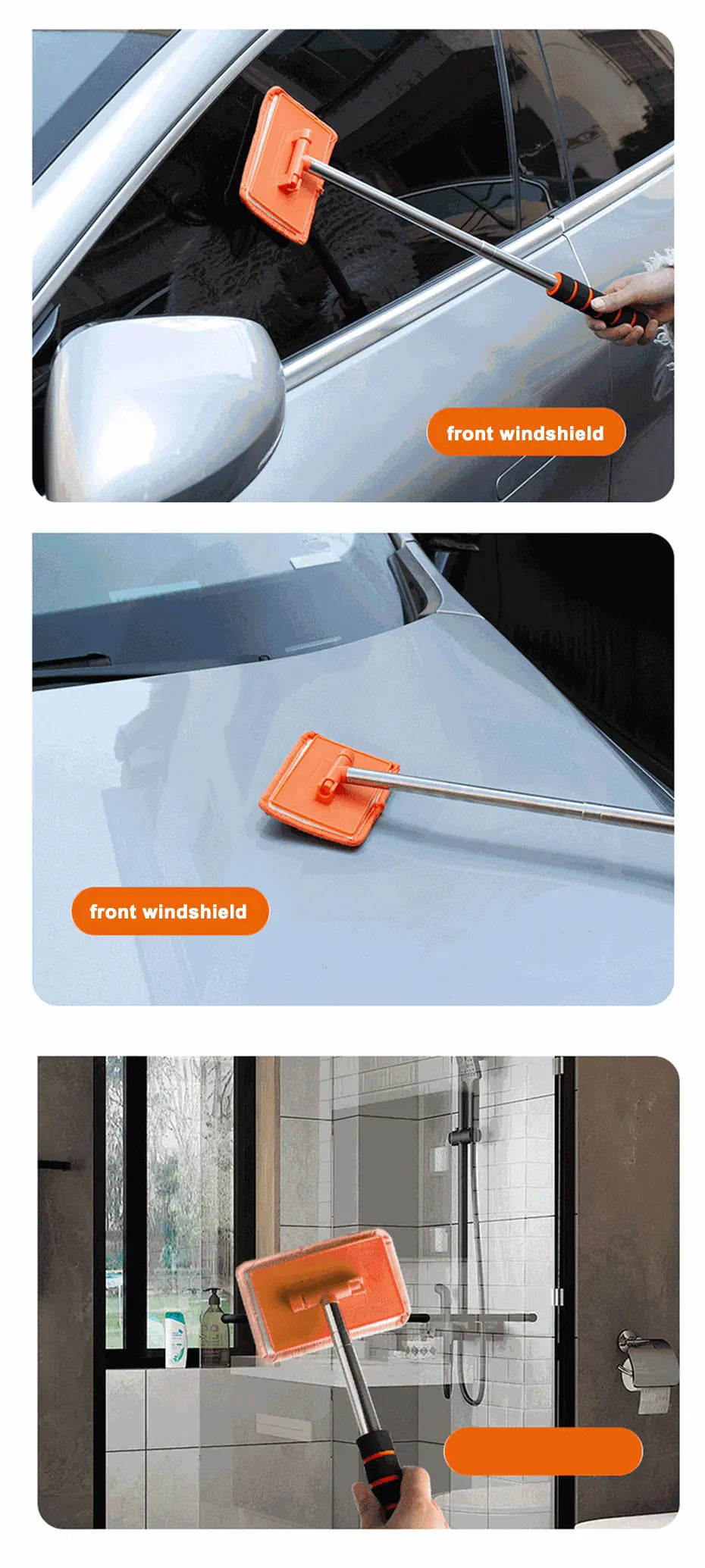 Telescopic Windshield Cleaning Brush by SEAMETAL, 32–50.5cm Adjustable Aluminum-Alloy Handle for Manual Car Glass Wiping in Black, Orange or Blue