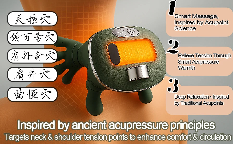 Heated Kneading Neck and Shoulder Massager, Moss Green Wireless Shawl with Brushless Motor, Three Massage Levels, Two Heat Settings and 2000mAh Battery