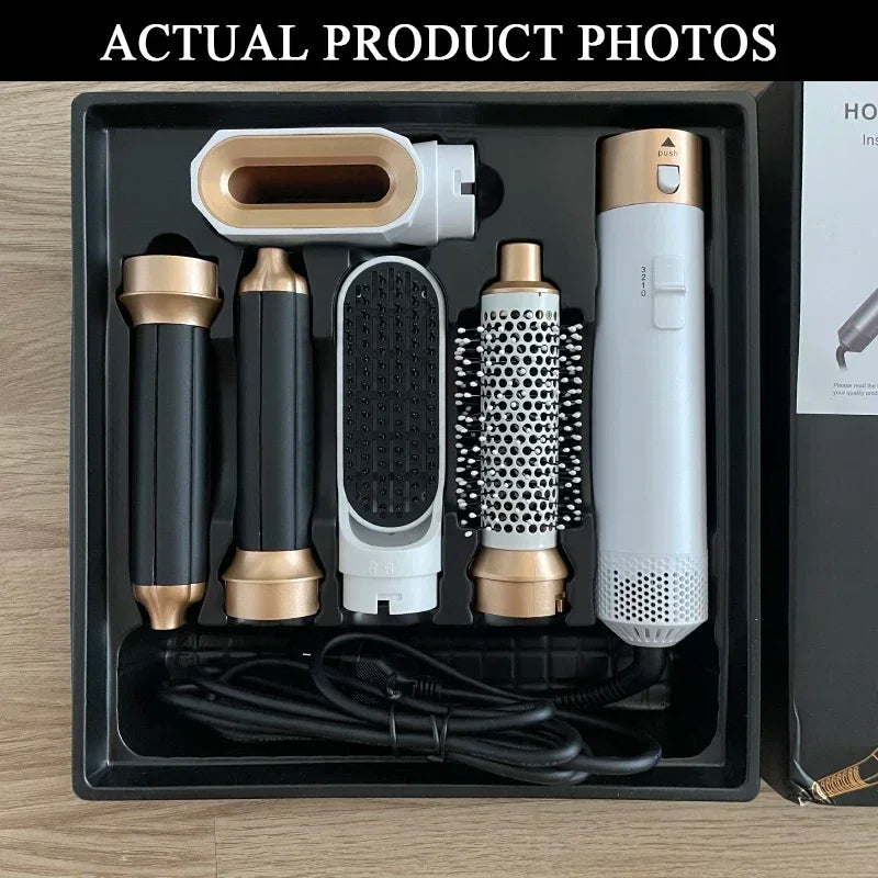 Interchangeable Hair Dryer Brush Set, 5-in-1 1000W Hot Air Styler with Curling Attachments, Smoothing Comb and Nozzle, Three Heat Settings and US Plug Option