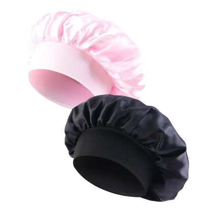 Wide Band Satin Sleep Bonnet with Listed Elastic Hair Wrap Design, Polyester Material Reference and Twenty-Eight Color Labels for Adult Nighttime Hair Styling